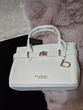 bebe White Structured Satchel with Gold Hardware